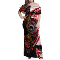 Tonga and Australia Together Family Matching Off Shoulder Maxi Dress and Hawaiian Shirt Ngatu Art Tribal Aboriginal Tattoo Pattern LT03 Mom's Dress Black - Polynesian Pride
