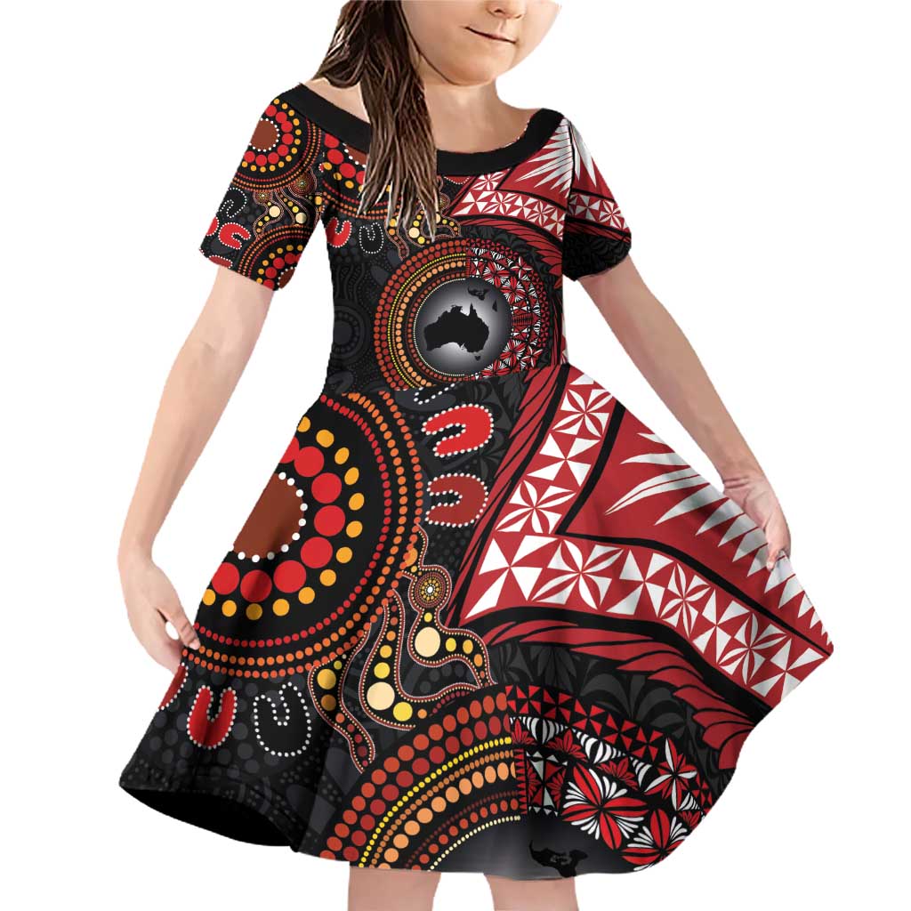 Tonga and Australia Together Family Matching Off Shoulder Short Dress and Hawaiian Shirt Ngatu Art Tribal Aboriginal Tattoo Pattern LT03 Daughter's Dress Black - Polynesian Pride