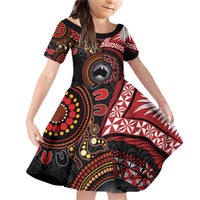 Tonga and Australia Together Family Matching Off Shoulder Short Dress and Hawaiian Shirt Ngatu Art Tribal Aboriginal Tattoo Pattern LT03 Daughter's Dress Black - Polynesian Pride