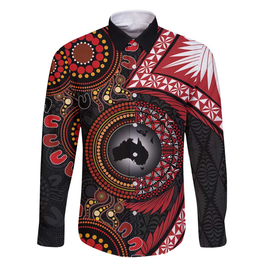Tonga and Australia Together Family Matching Off Shoulder Short Dress and Hawaiian Shirt Ngatu Art Tribal Aboriginal Tattoo Pattern LT03 Dad's Shirt - Long Sleeve Black - Polynesian Pride