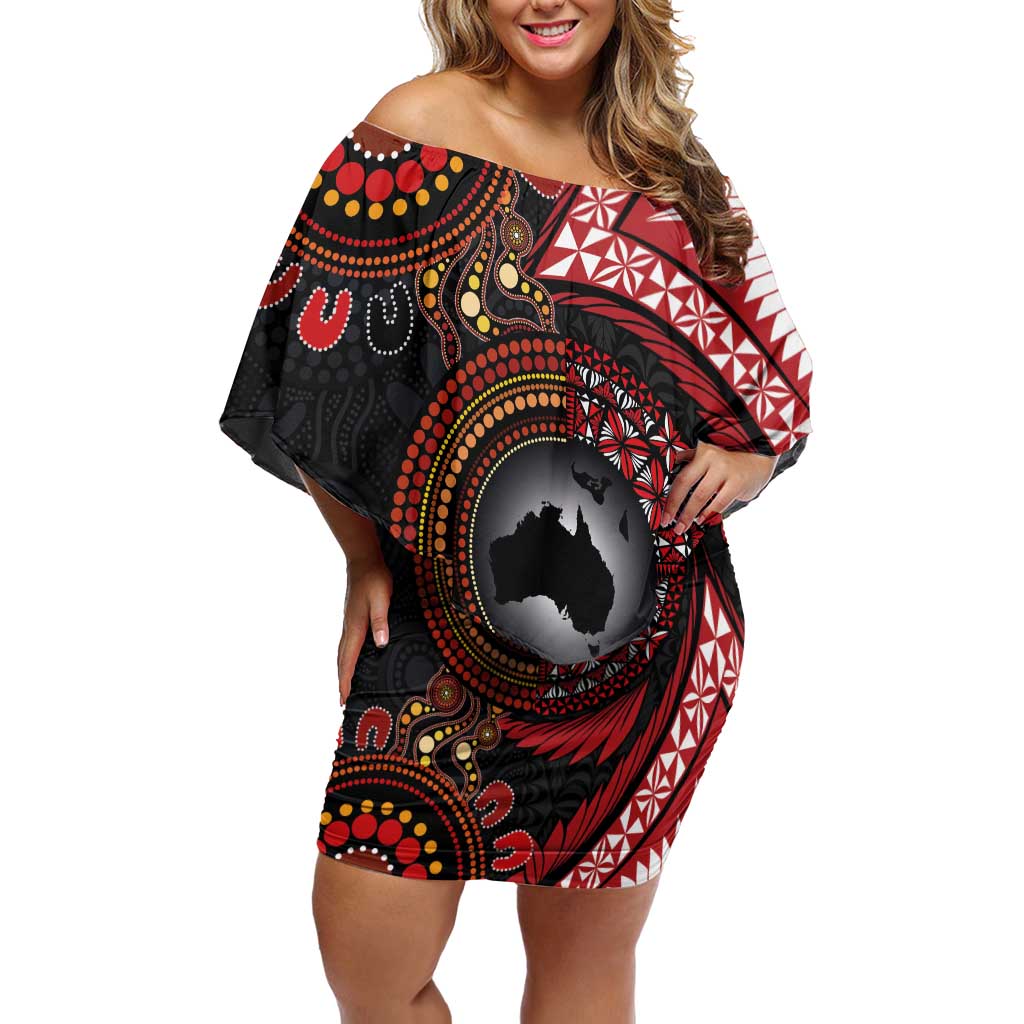 Tonga and Australia Together Family Matching Off Shoulder Short Dress and Hawaiian Shirt Ngatu Art Tribal Aboriginal Tattoo Pattern LT03 Mom's Dress Black - Polynesian Pride