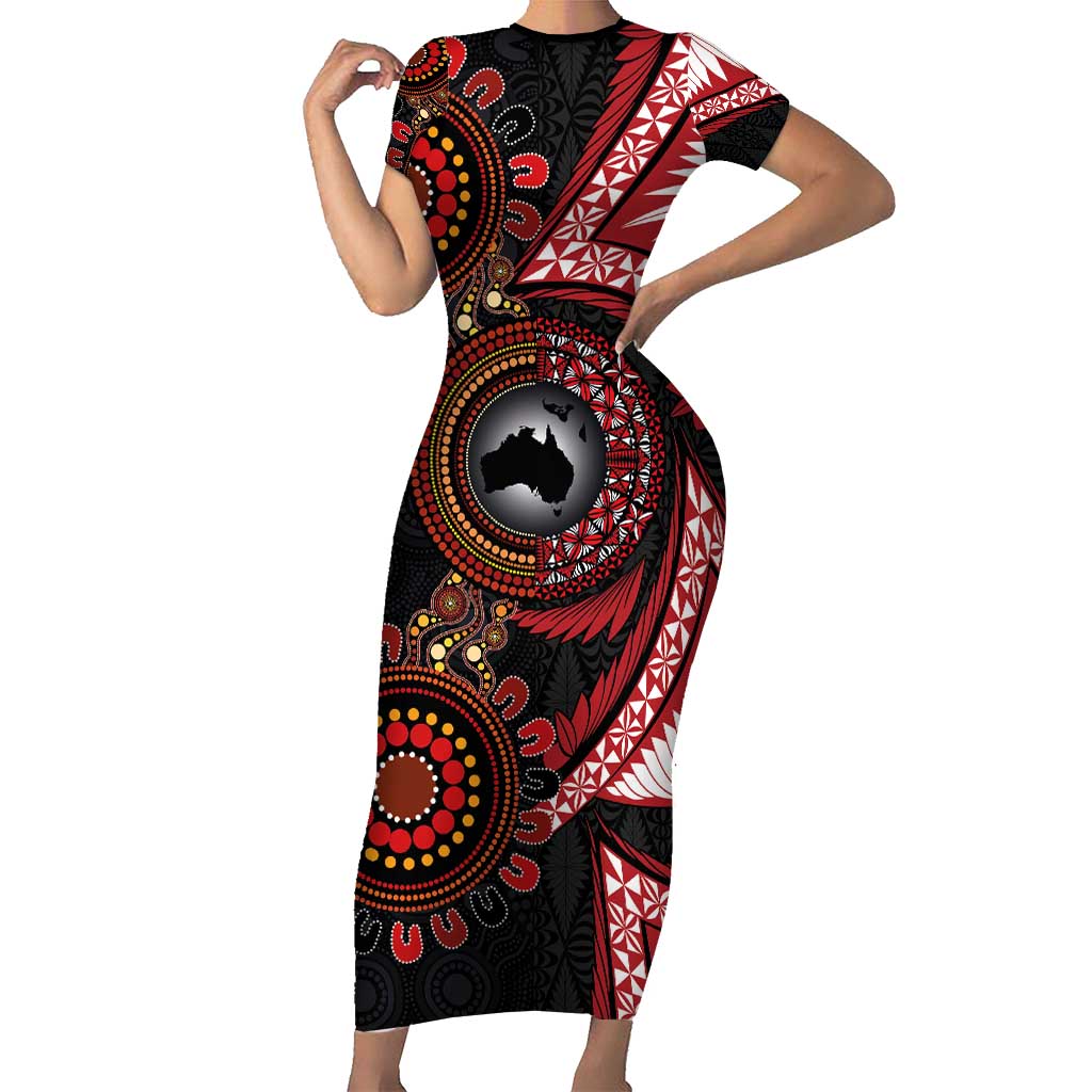 Tonga and Australia Together Family Matching Short Sleeve Bodycon Dress and Hawaiian Shirt Ngatu Art Tribal Aboriginal Tattoo Pattern LT03 Mom's Dress Black - Polynesian Pride