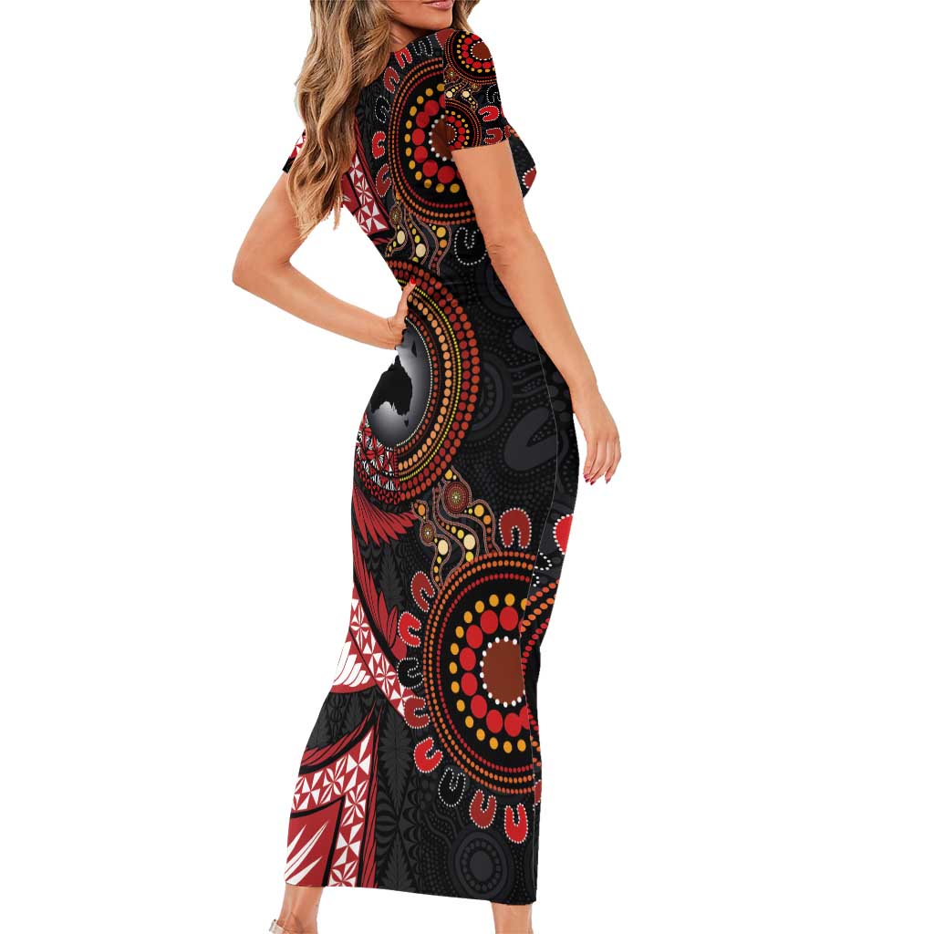 Tonga and Australia Together Family Matching Short Sleeve Bodycon Dress and Hawaiian Shirt Ngatu Art Tribal Aboriginal Tattoo Pattern LT03 - Polynesian Pride