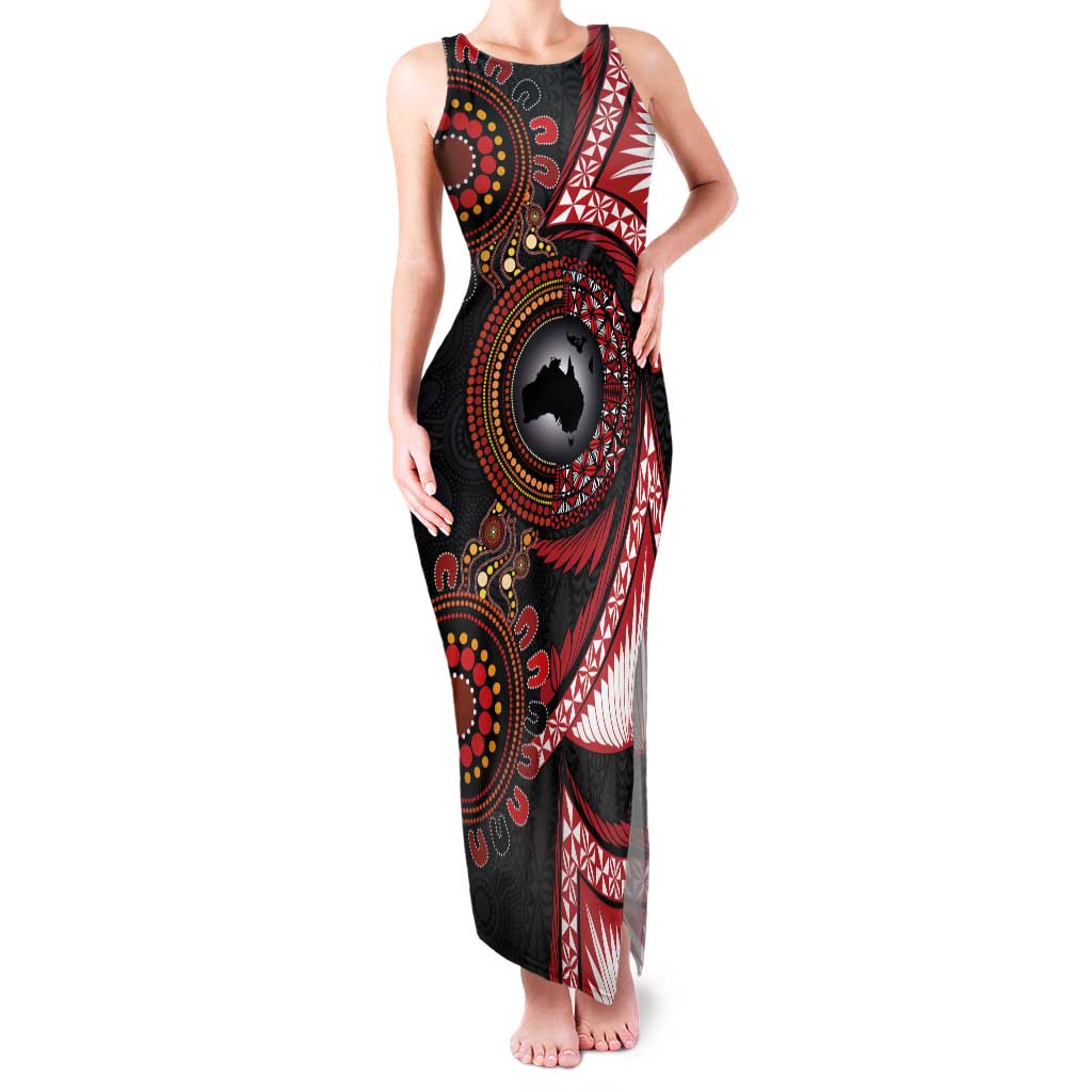 Tonga and Australia Together Family Matching Tank Maxi Dress and Hawaiian Shirt Ngatu Art Tribal Aboriginal Tattoo Pattern LT03 Mom's Dress Black - Polynesian Pride