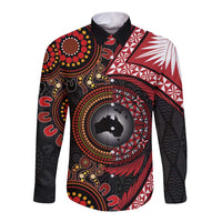 Tonga and Australia Together Long Sleeve Button Shirt Ngatu Art Tribal Aboriginal Tattoo Pattern