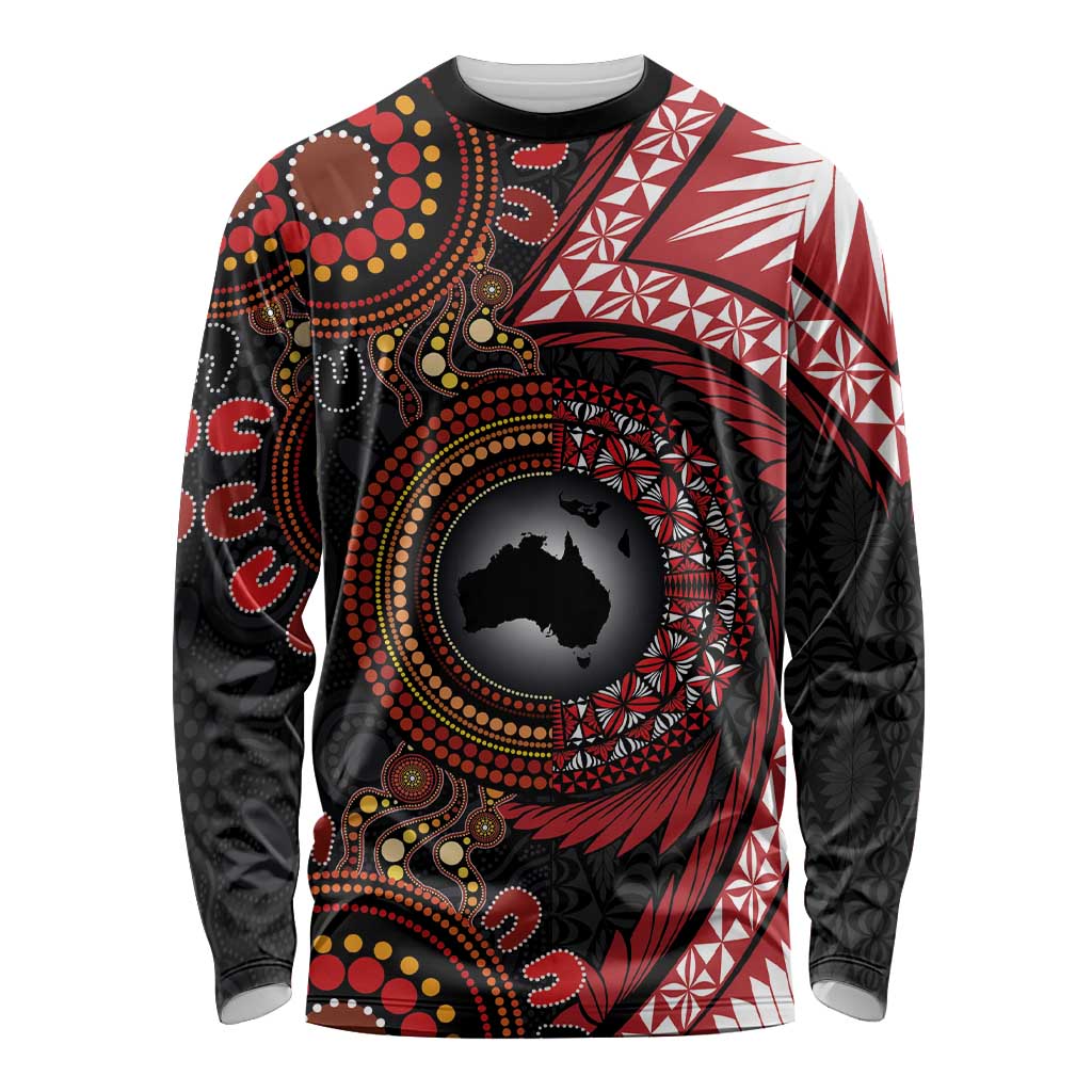 Tonga and Australia Together Long Sleeve Shirt Ngatu Art Tribal Aboriginal Tattoo Pattern