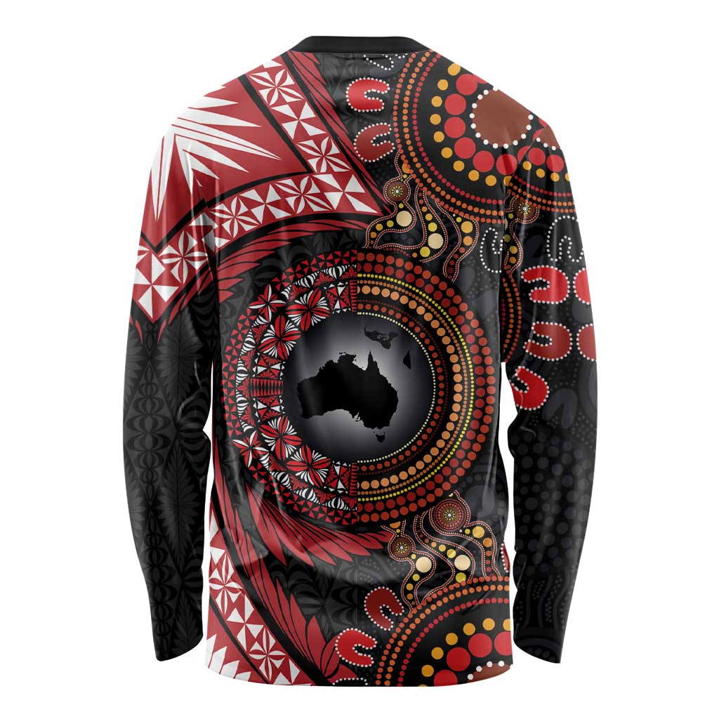 Tonga and Australia Together Long Sleeve Shirt Ngatu Art Tribal Aboriginal Tattoo Pattern