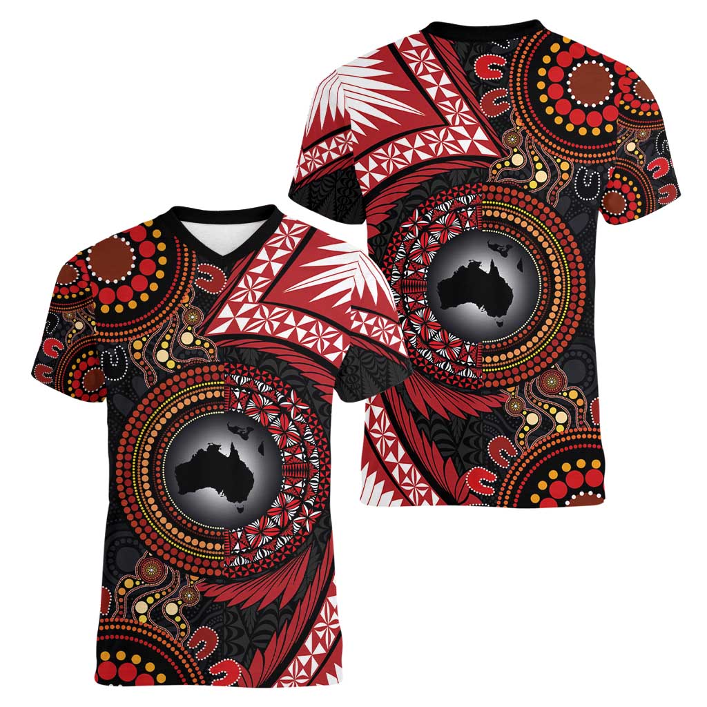 Tonga and Australia Together Women V-Neck T-Shirt Ngatu Art Tribal Aboriginal Tattoo Pattern