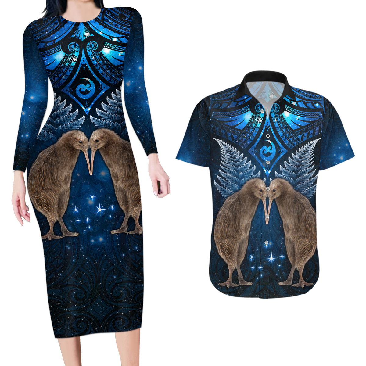 New Zealand Maori Matariki Couples Matching Long Sleeve Bodycon Dress and Hawaiian Shirt Hongi Kiwi Bird and Silver Fern LT03 Blue - Polynesian Pride