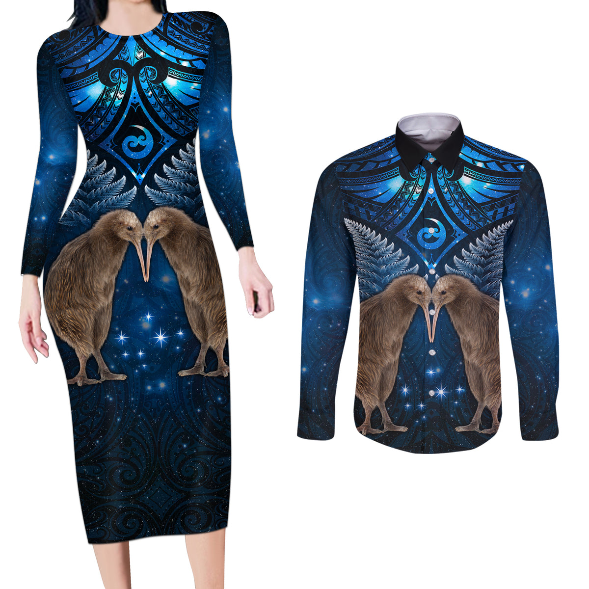 New Zealand Maori Matariki Couples Matching Long Sleeve Bodycon Dress and Long Sleeve Button Shirt Hongi Kiwi Bird and Silver Fern LT03 Blue - Polynesian Pride