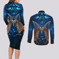New Zealand Maori Matariki Couples Matching Long Sleeve Bodycon Dress and Long Sleeve Button Shirt Hongi Kiwi Bird and Silver Fern LT03 - Polynesian Pride