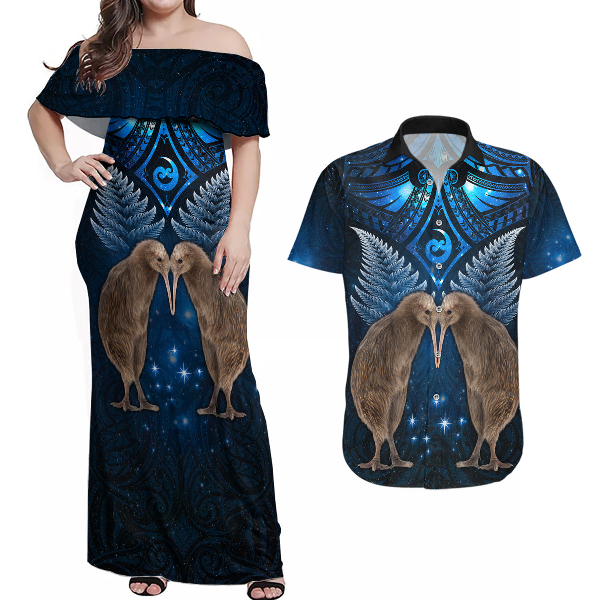 New Zealand Maori Matariki Couples Matching Off Shoulder Maxi Dress and Hawaiian Shirt Hongi Kiwi Bird and Silver Fern LT03 Blue - Polynesian Pride