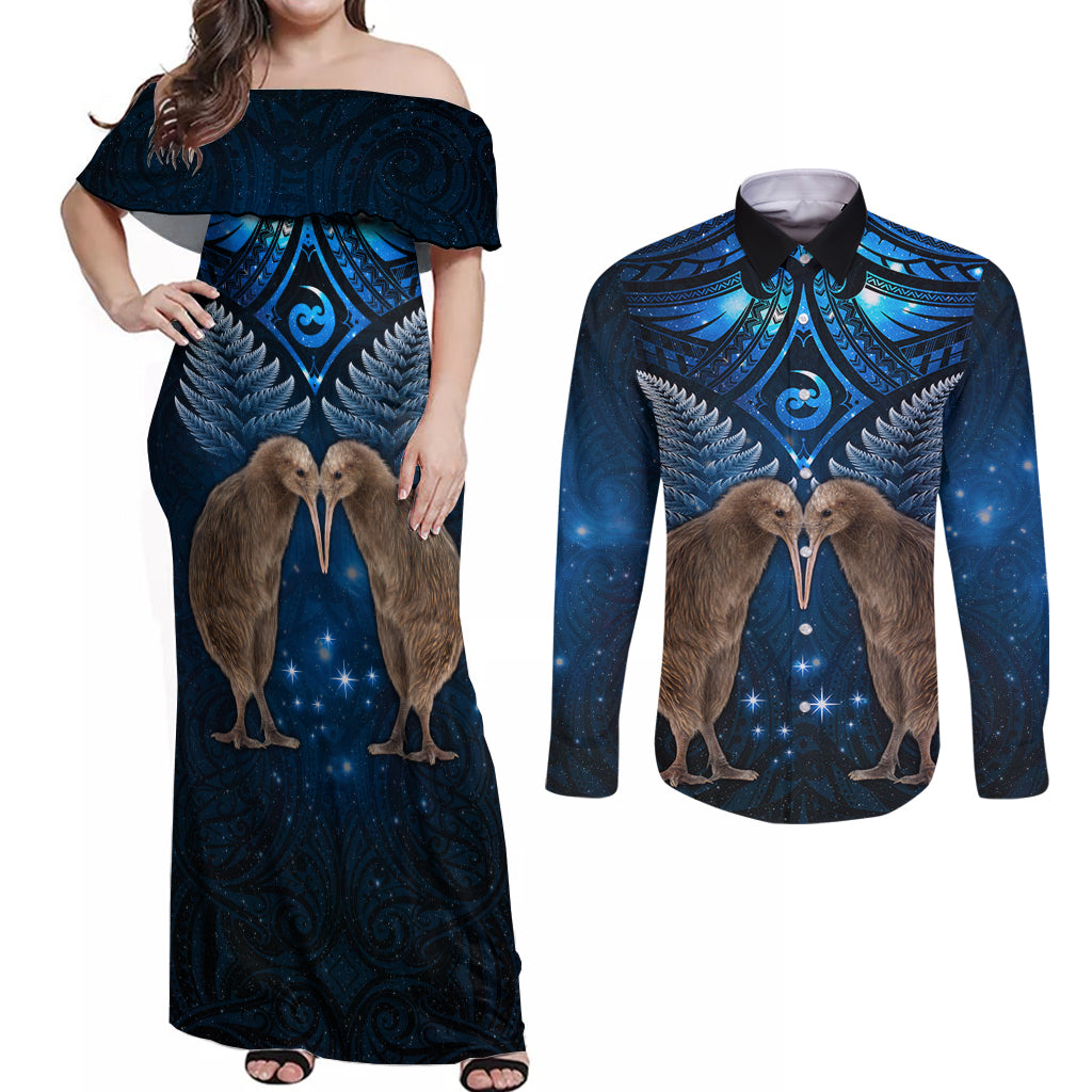 New Zealand Maori Matariki Couples Matching Off Shoulder Maxi Dress and Long Sleeve Button Shirt Hongi Kiwi Bird and Silver Fern LT03 Blue - Polynesian Pride