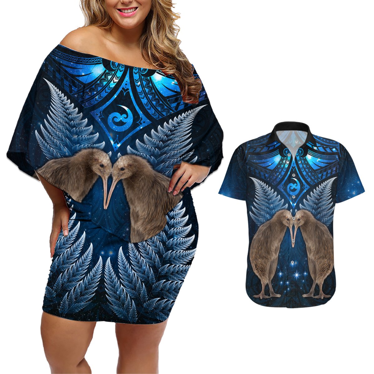 New Zealand Maori Matariki Couples Matching Off Shoulder Short Dress and Hawaiian Shirt Hongi Kiwi Bird and Silver Fern LT03 Blue - Polynesian Pride