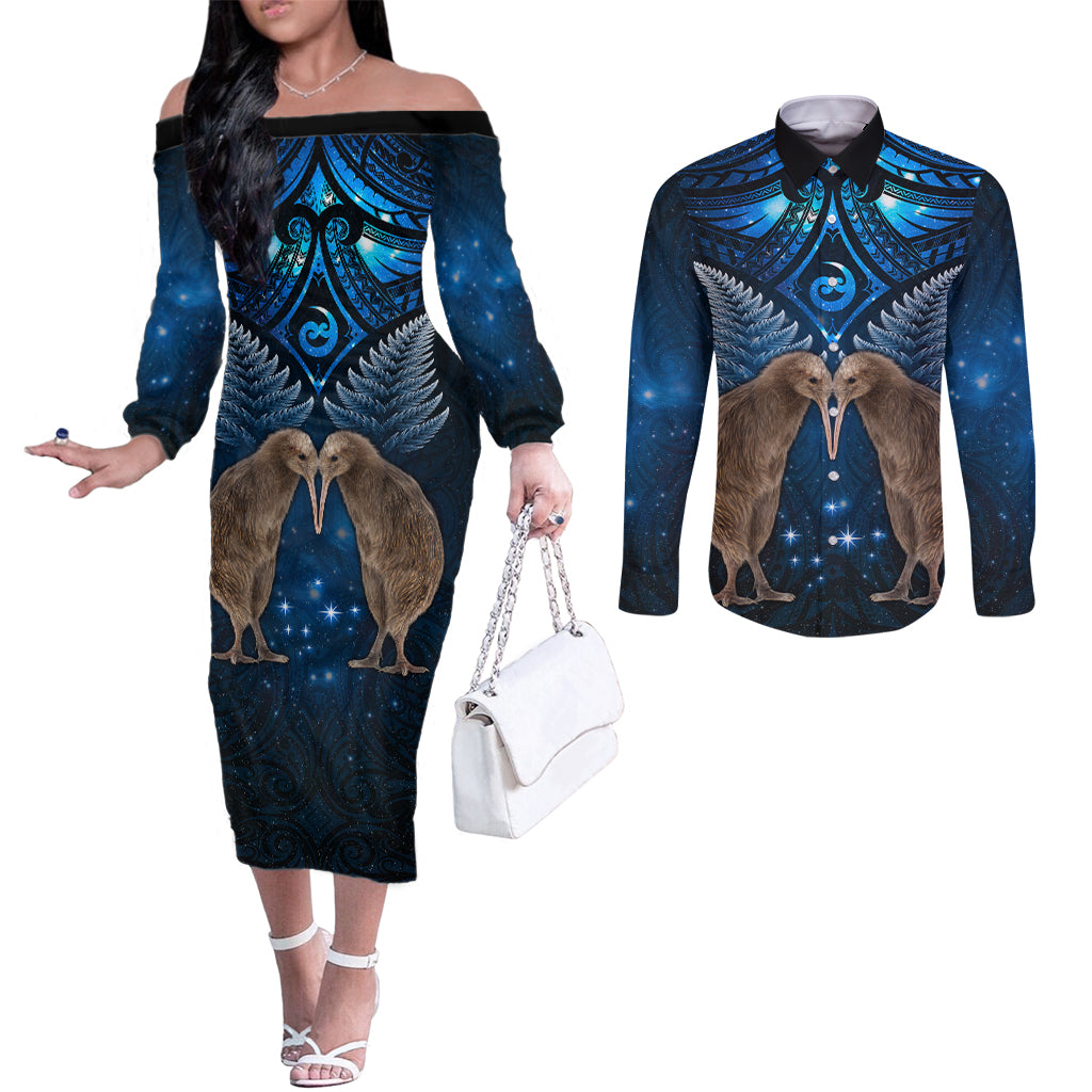 New Zealand Maori Matariki Couples Matching Off The Shoulder Long Sleeve Dress and Long Sleeve Button Shirt Hongi Kiwi Bird and Silver Fern LT03 Blue - Polynesian Pride
