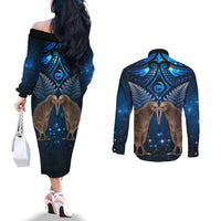 New Zealand Maori Matariki Couples Matching Off The Shoulder Long Sleeve Dress and Long Sleeve Button Shirt Hongi Kiwi Bird and Silver Fern LT03 - Polynesian Pride