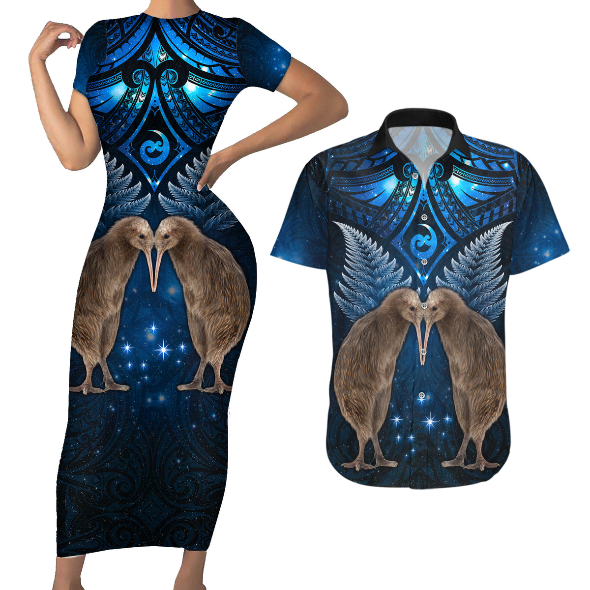 New Zealand Maori Matariki Couples Matching Short Sleeve Bodycon Dress and Hawaiian Shirt Hongi Kiwi Bird and Silver Fern LT03 Blue - Polynesian Pride