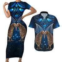 New Zealand Maori Matariki Couples Matching Short Sleeve Bodycon Dress and Hawaiian Shirt Hongi Kiwi Bird and Silver Fern LT03 Blue - Polynesian Pride