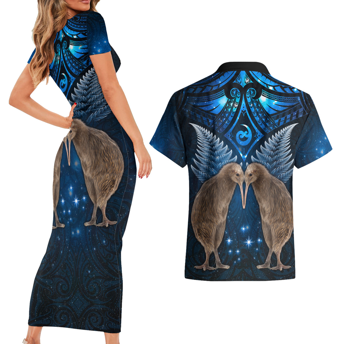 New Zealand Maori Matariki Couples Matching Short Sleeve Bodycon Dress and Hawaiian Shirt Hongi Kiwi Bird and Silver Fern LT03 - Polynesian Pride