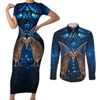 New Zealand Maori Matariki Couples Matching Short Sleeve Bodycon Dress and Long Sleeve Button Shirt Hongi Kiwi Bird and Silver Fern LT03 Blue - Polynesian Pride