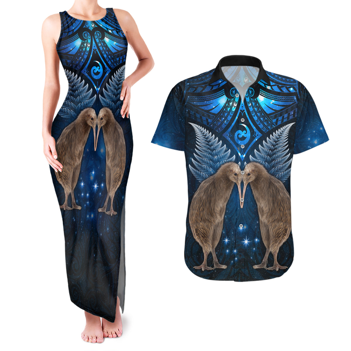 New Zealand Maori Matariki Couples Matching Tank Maxi Dress and Hawaiian Shirt Hongi Kiwi Bird and Silver Fern LT03 Blue - Polynesian Pride