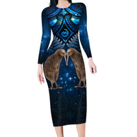 New Zealand Maori Matariki Family Matching Long Sleeve Bodycon Dress and Hawaiian Shirt Hongi Kiwi Bird and Silver Fern LT03 Mom's Dress Blue - Polynesian Pride