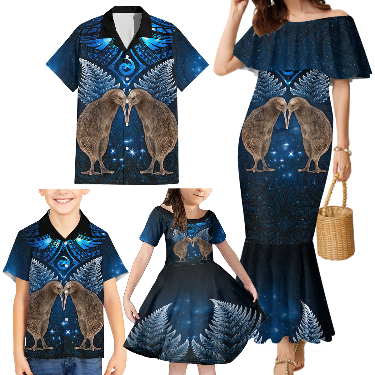 New Zealand Maori Matariki Family Matching Mermaid Dress and Hawaiian Shirt Hongi Kiwi Bird and Silver Fern LT03 - Polynesian Pride
