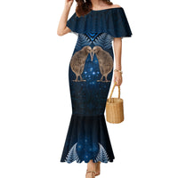 New Zealand Maori Matariki Family Matching Mermaid Dress and Hawaiian Shirt Hongi Kiwi Bird and Silver Fern LT03 Mom's Dress Blue - Polynesian Pride