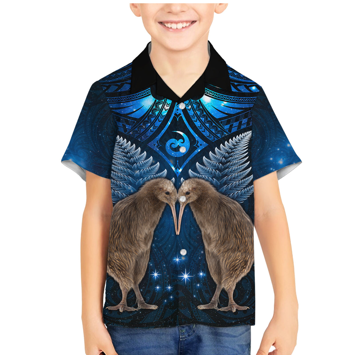New Zealand Maori Matariki Family Matching Mermaid Dress and Hawaiian Shirt Hongi Kiwi Bird and Silver Fern LT03 Son's Shirt Blue - Polynesian Pride