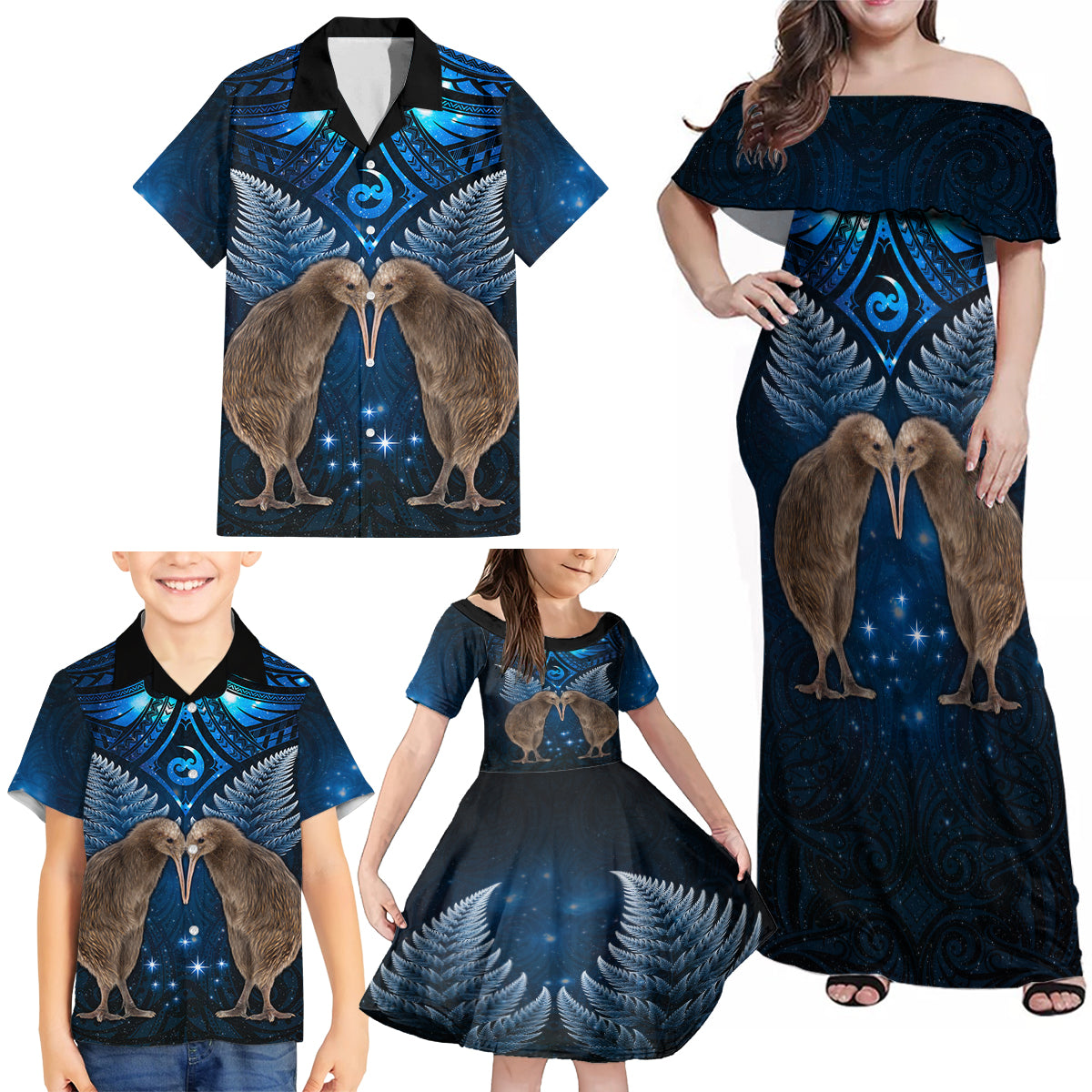 New Zealand Maori Matariki Family Matching Off Shoulder Maxi Dress and Hawaiian Shirt Hongi Kiwi Bird and Silver Fern LT03 - Polynesian Pride