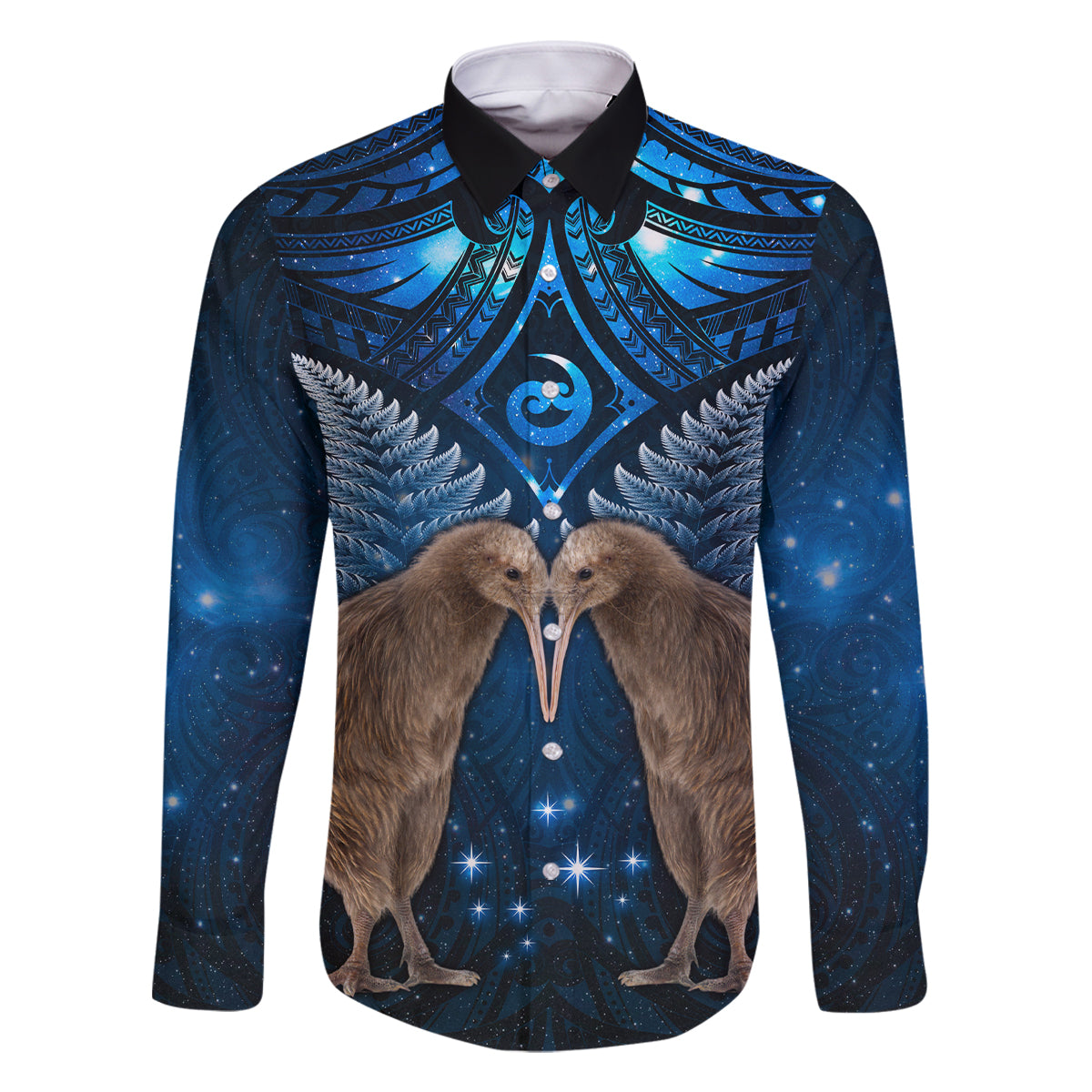 New Zealand Maori Matariki Family Matching Off Shoulder Short Dress and Hawaiian Shirt Hongi Kiwi Bird and Silver Fern LT03 Dad's Shirt - Long Sleeve Blue - Polynesian Pride