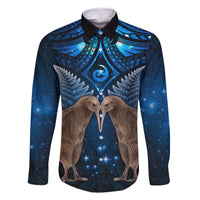 New Zealand Maori Matariki Family Matching Off Shoulder Short Dress and Hawaiian Shirt Hongi Kiwi Bird and Silver Fern LT03 Dad's Shirt - Long Sleeve Blue - Polynesian Pride