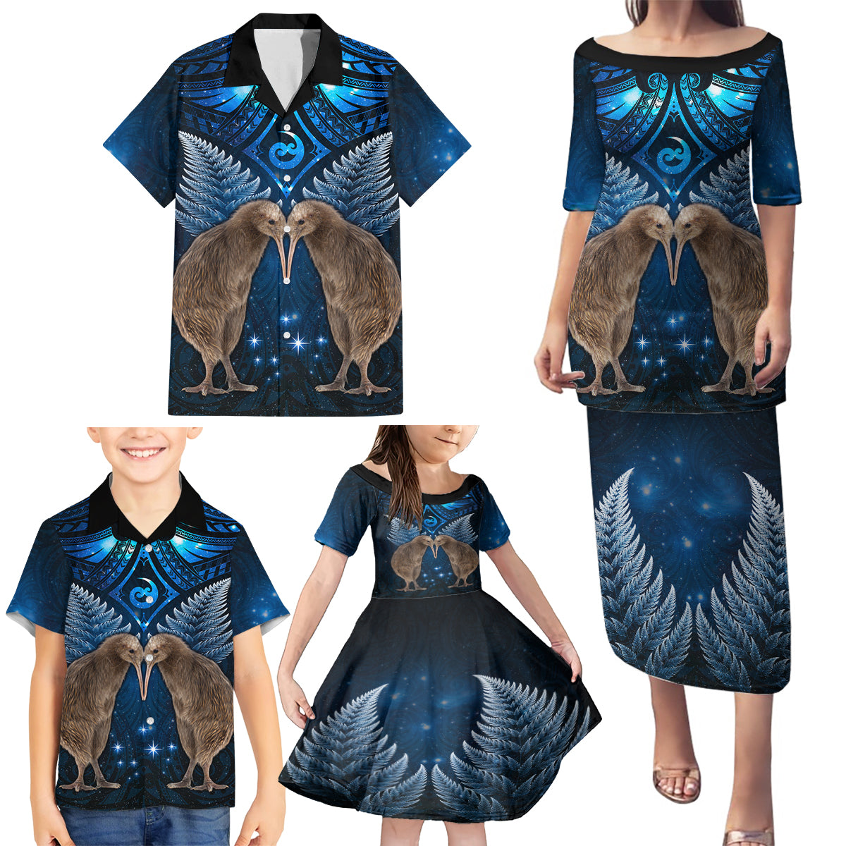 New Zealand Maori Matariki Family Matching Puletasi and Hawaiian Shirt Hongi Kiwi Bird and Silver Fern LT03 - Polynesian Pride