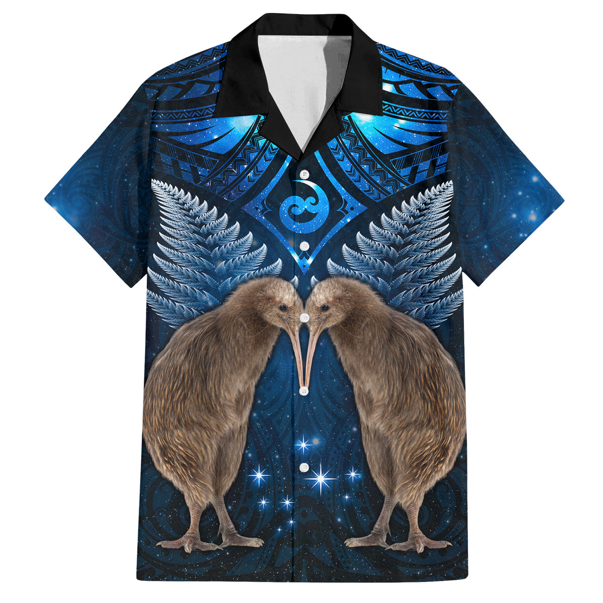 New Zealand Maori Matariki Family Matching Puletasi and Hawaiian Shirt Hongi Kiwi Bird and Silver Fern LT03 Dad's Shirt - Short Sleeve Blue - Polynesian Pride