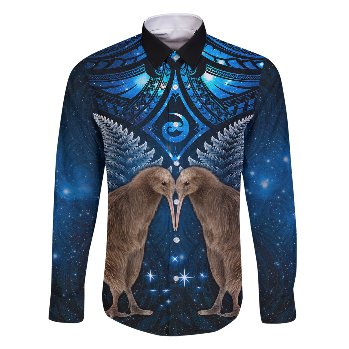 New Zealand Maori Matariki Family Matching Short Sleeve Bodycon Dress and Hawaiian Shirt Hongi Kiwi Bird and Silver Fern LT03 Dad's Shirt - Long Sleeve Blue - Polynesian Pride