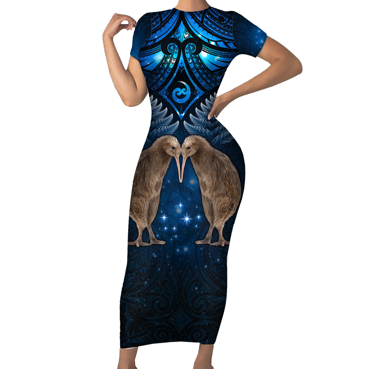 New Zealand Maori Matariki Family Matching Short Sleeve Bodycon Dress and Hawaiian Shirt Hongi Kiwi Bird and Silver Fern LT03 Mom's Dress Blue - Polynesian Pride