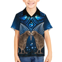 New Zealand Maori Matariki Family Matching Short Sleeve Bodycon Dress and Hawaiian Shirt Hongi Kiwi Bird and Silver Fern LT03 Son's Shirt Blue - Polynesian Pride