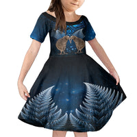 New Zealand Maori Matariki Family Matching Summer Maxi Dress and Hawaiian Shirt Hongi Kiwi Bird and Silver Fern LT03 Daughter's Dress Blue - Polynesian Pride