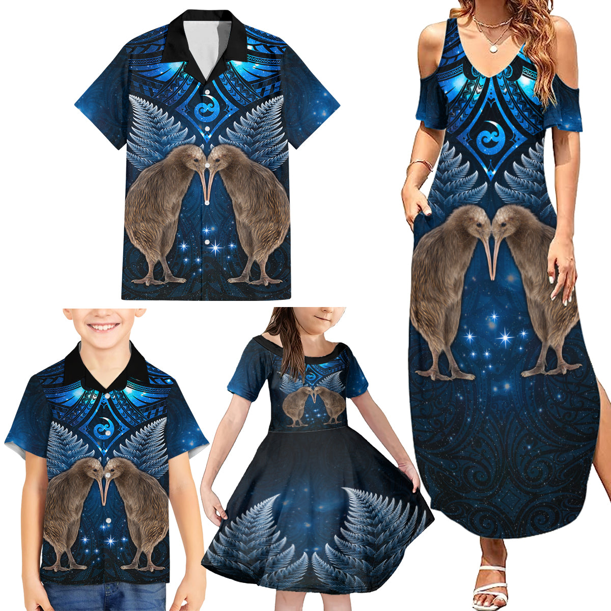 New Zealand Maori Matariki Family Matching Summer Maxi Dress and Hawaiian Shirt Hongi Kiwi Bird and Silver Fern LT03 - Polynesian Pride
