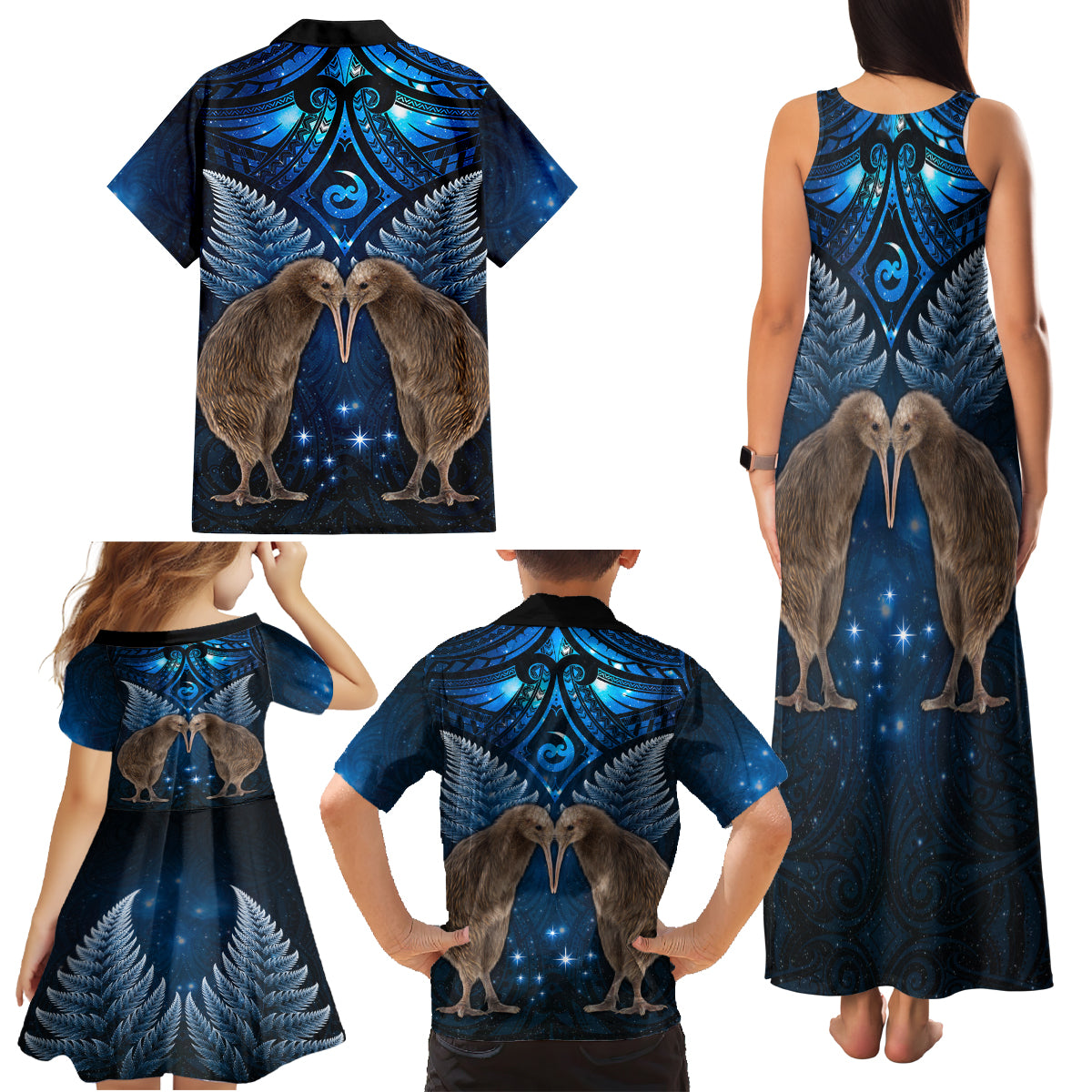 New Zealand Maori Matariki Family Matching Tank Maxi Dress and Hawaiian Shirt Hongi Kiwi Bird and Silver Fern LT03 - Polynesian Pride