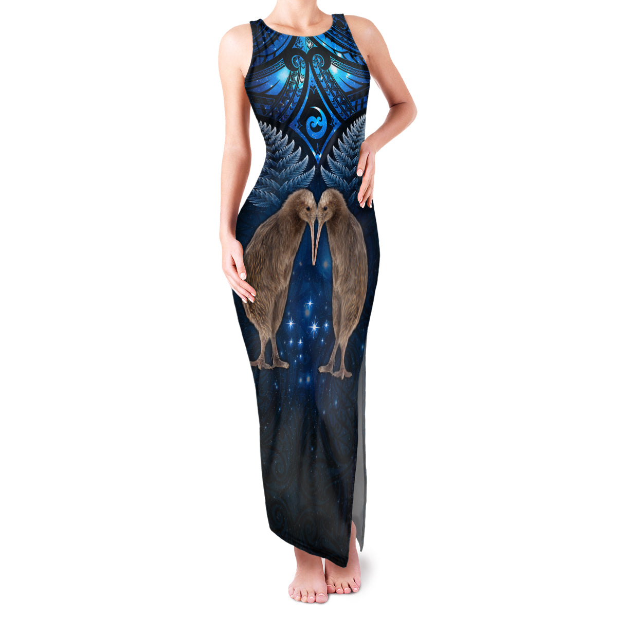 New Zealand Maori Matariki Family Matching Tank Maxi Dress and Hawaiian Shirt Hongi Kiwi Bird and Silver Fern LT03 Mom's Dress Blue - Polynesian Pride