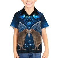 New Zealand Maori Matariki Kid Hawaiian Shirt Hongi Kiwi Bird and Silver Fern LT03 Kid Blue - Polynesian Pride