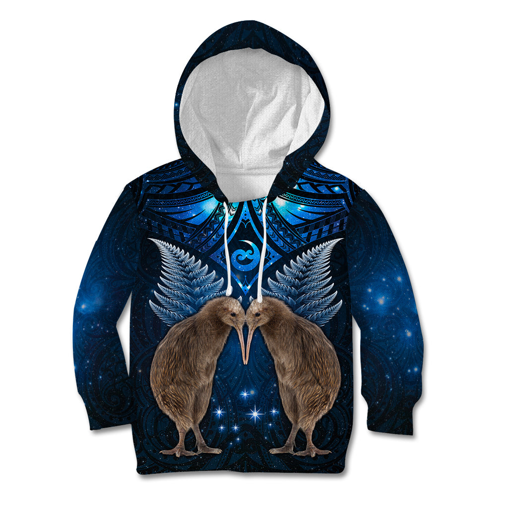 New Zealand Maori Matariki Kid Hoodie Hongi Kiwi Bird and Silver Fern LT03 Hoodie Blue - Polynesian Pride