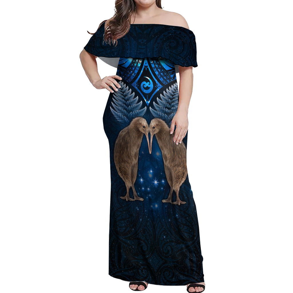 New Zealand Maori Matariki Off Shoulder Maxi Dress Hongi Kiwi Bird and Silver Fern LT03 Women Blue - Polynesian Pride