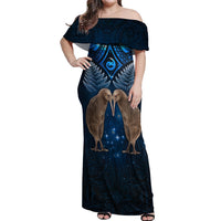 New Zealand Maori Matariki Off Shoulder Maxi Dress Hongi Kiwi Bird and Silver Fern LT03 Women Blue - Polynesian Pride