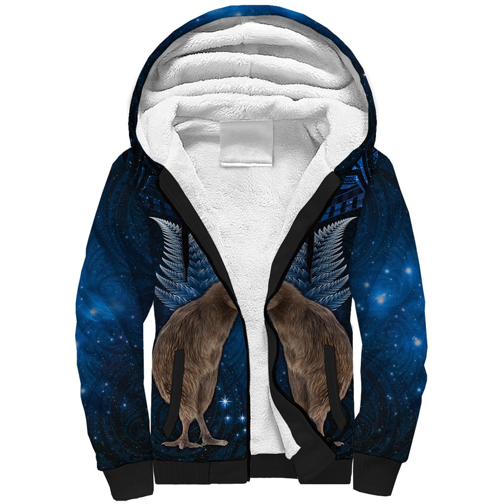 New Zealand Maori Matariki Sherpa Hoodie Hongi Kiwi Bird and Silver Fern LT03 Unisex Blue - Polynesian Pride