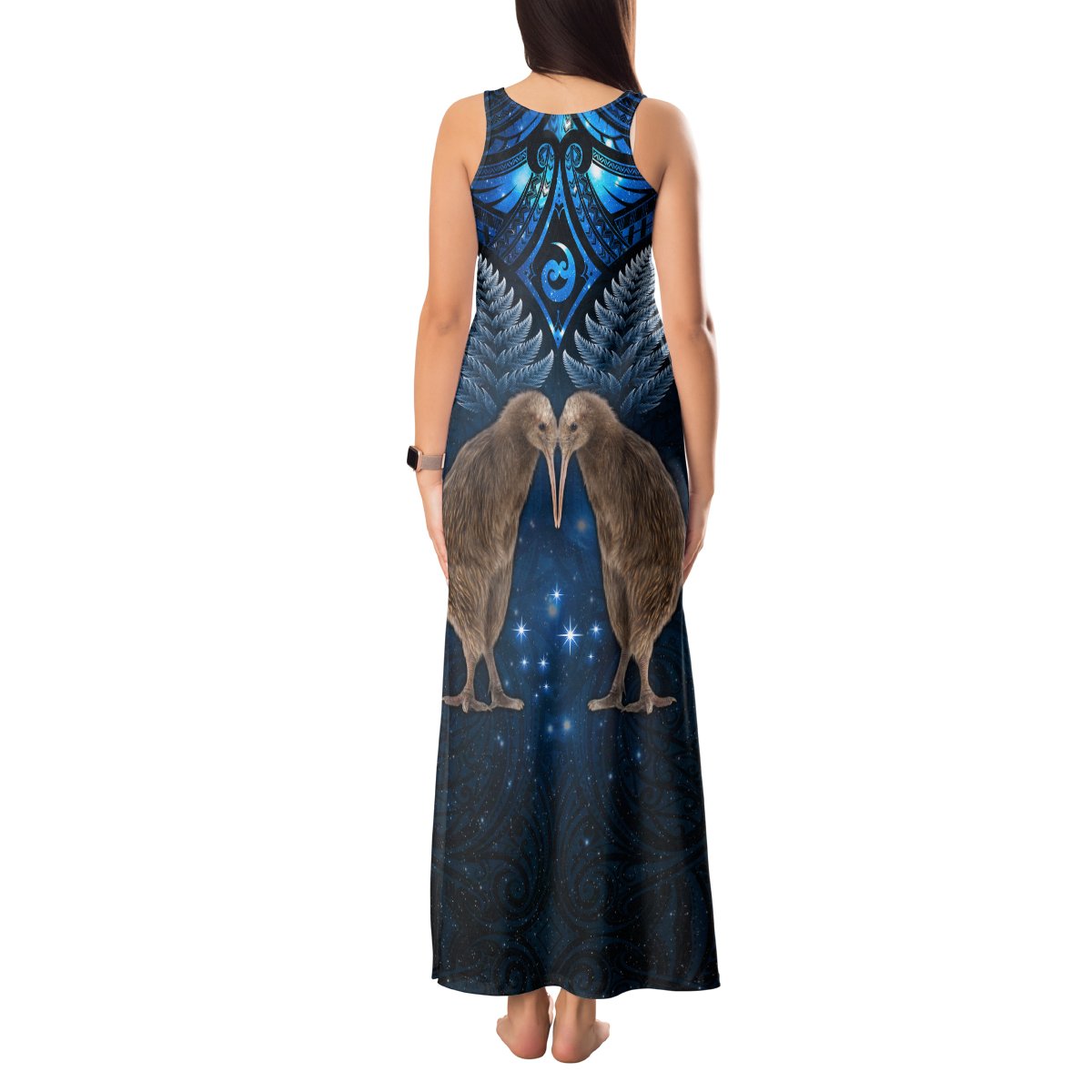 New Zealand Maori Matariki Tank Maxi Dress Hongi Kiwi Bird and Silver Fern LT03 - Polynesian Pride