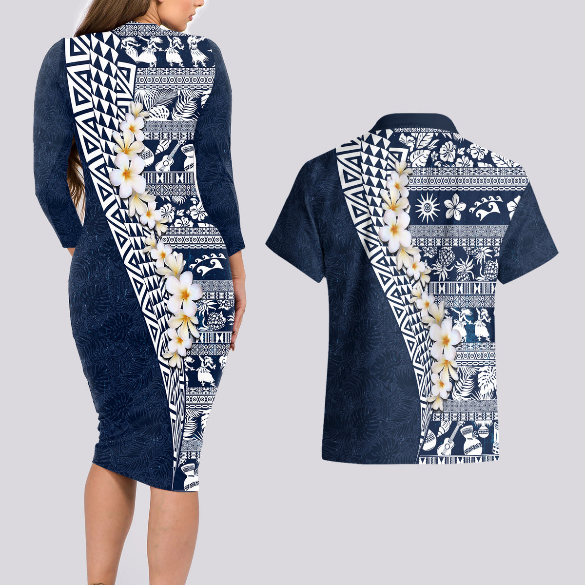 Hawaii Plumeria Tribal Vintage Couples Matching Long Sleeve Bodycon Dress and Hawaiian Shirt Special Blue LT03 - Polynesian Pride