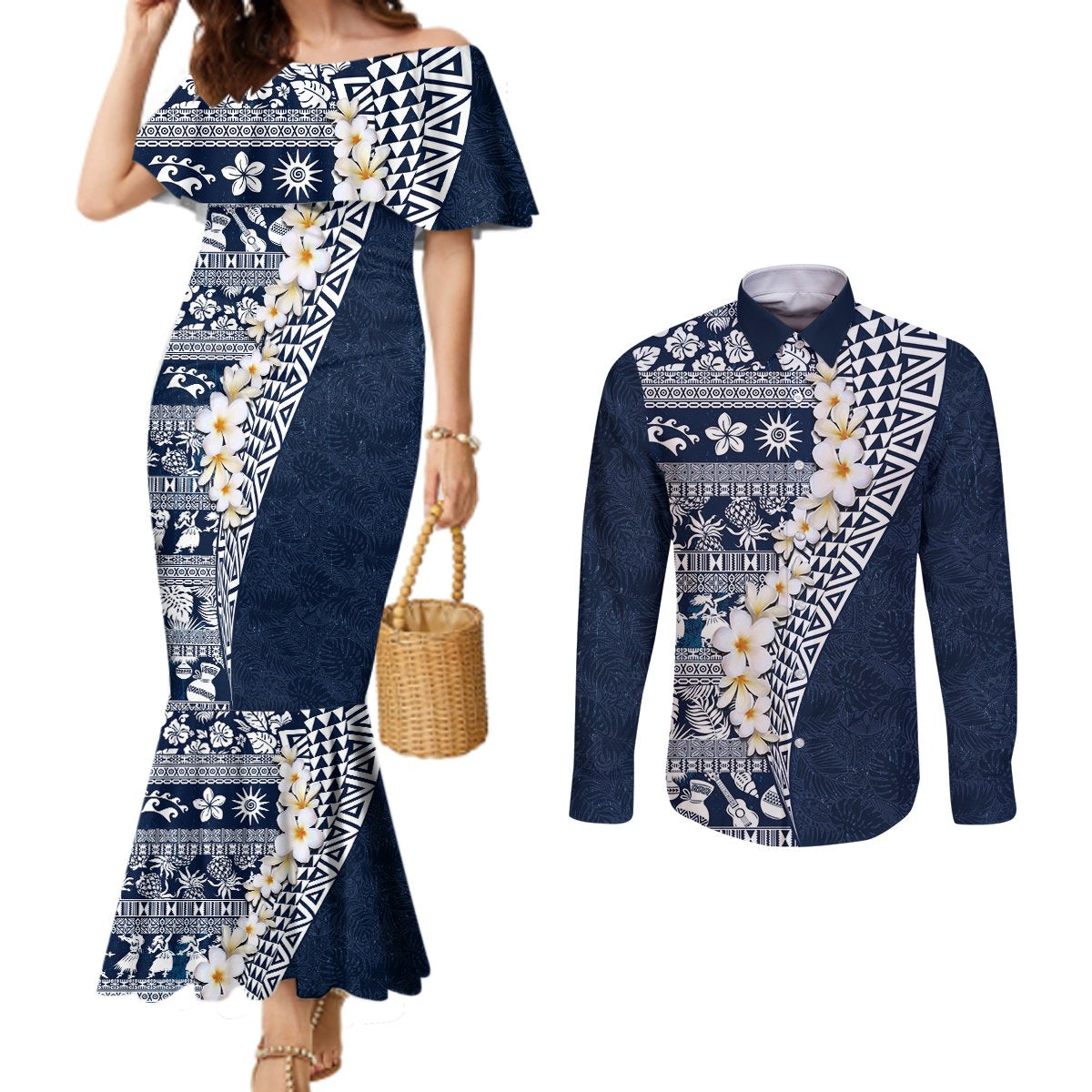 Hawaii Plumeria Tribal Vintage Couples Matching Mermaid Dress and Long Sleeve Button Shirt Special Blue