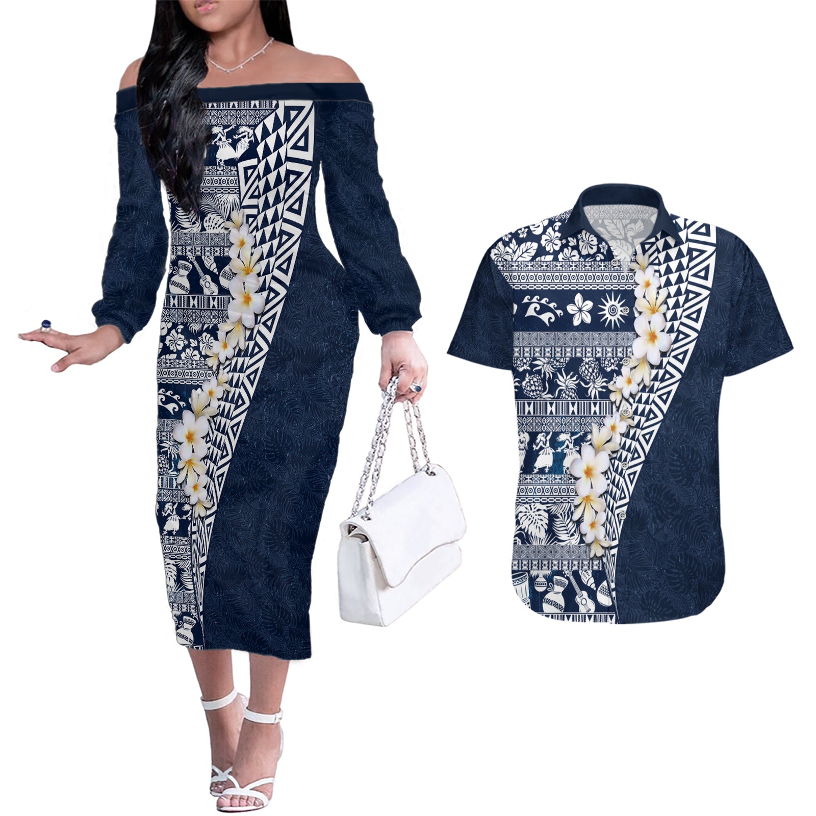 Hawaii Plumeria Tribal Vintage Couples Matching Off The Shoulder Long Sleeve Dress and Hawaiian Shirt Special Blue